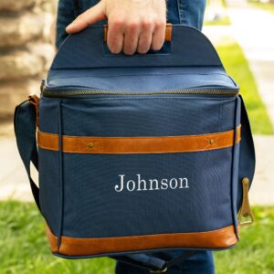 Custom embroidered personal cooler available in blue, black and green
