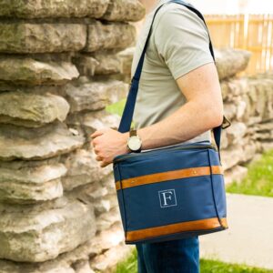 Close-up of 12-bottle groomsmen cooler worn over the shoulder.