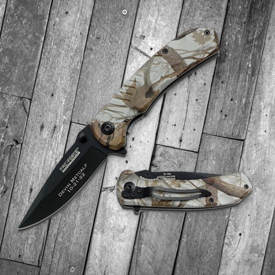 Deluxe Personalized Camouflage Lock Back Pocket Knife - 2 Lines of Custom Text