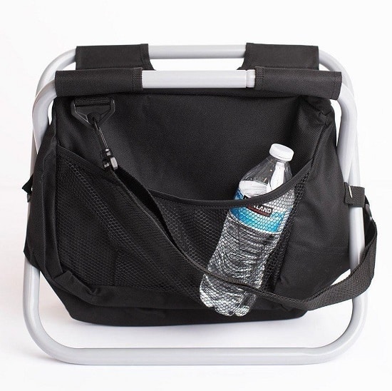 Folding cooler stool has a front mesh pocket perfect for holding a bottle of water.