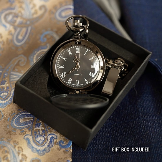 Gift box included for personalized gunmetal pocket watch