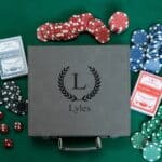 Grey custom poker set engraved with laurel wreath design