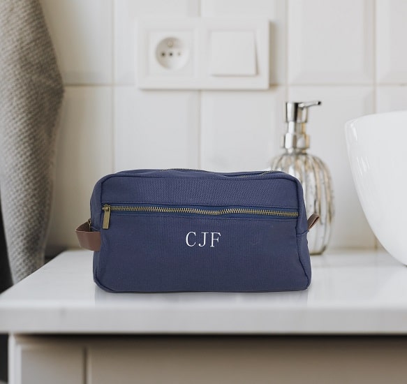 Navy blue canvas and leather dopp kit for groomsmen