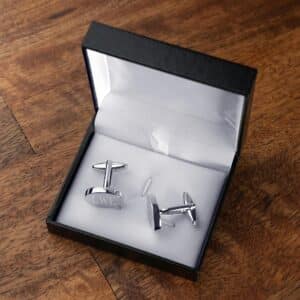 Silver oval cufflinks shown in included gift box