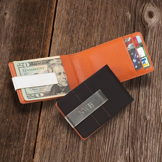 Personalized Black Metro Leather Wallet Money Clip Combo