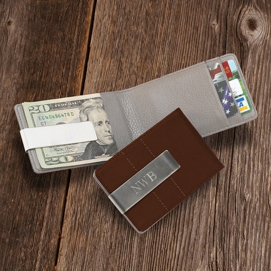 Personalized Brown Metro Leather Wallet Money Clip Combo