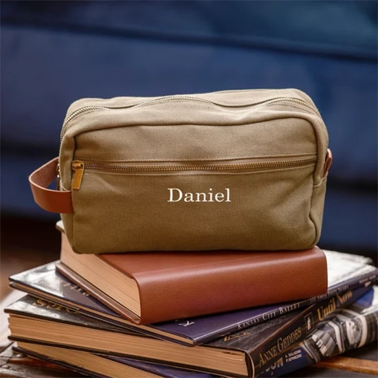 Personalized Green Canvas & Leather Dopp Kit