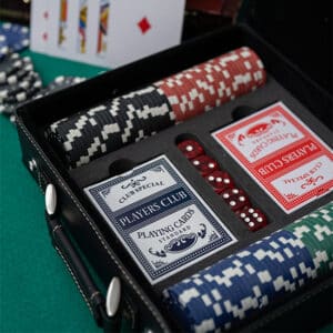 Personalized poker set includes 100 chips, 2 decks of cards and 5 dice