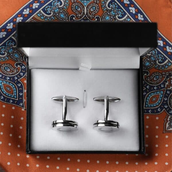 Each pair of pinstripe cuff links arrives in a padded black gift box