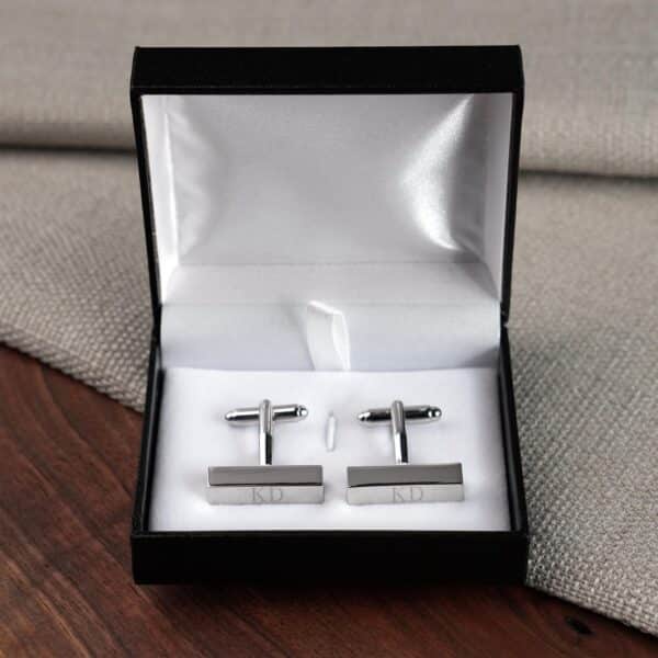 Silver cufflink bars shown in included black gift box