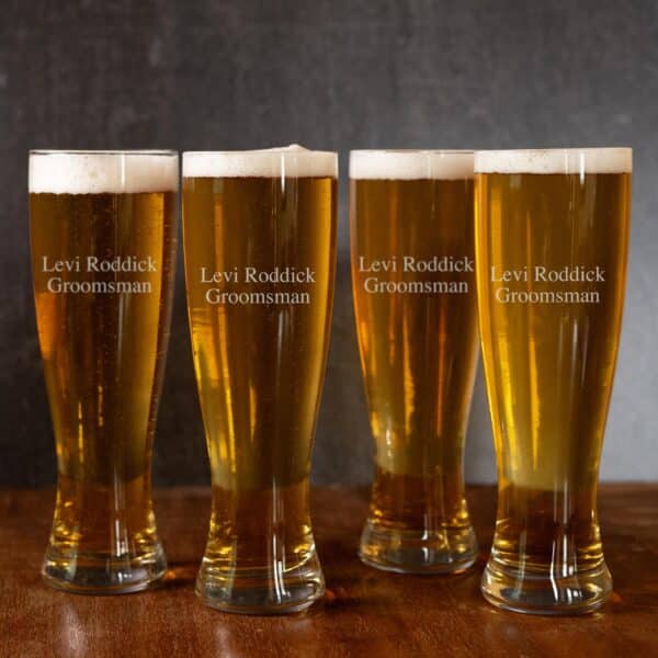 Groomsmen pilsner glass set engraved with 2 lines of custom text