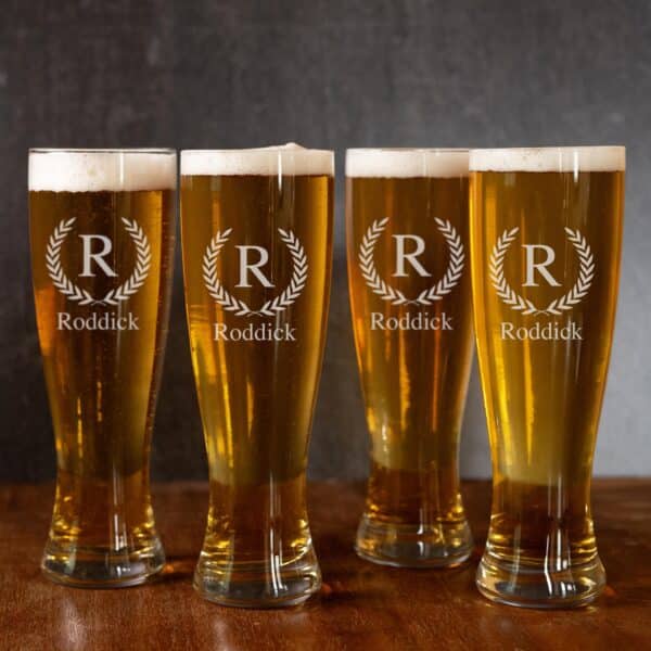 Groomsmen pilsner glass set engraved with laurel wreath design