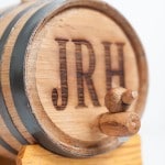 Close up of engraving on 2-liter mini whiskey barrel