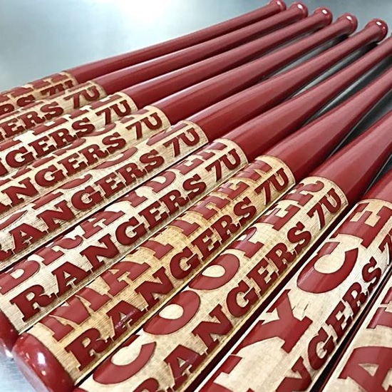 Red mini baseball bats engraved for weddings, birth announcements and baby shower gifts