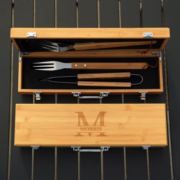 BBQ Grilling Set with Premium Engraved Bamboo Case
