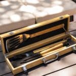 BBQ grill set that includes spatula, tong and fork that all fit snuggly in the included bamboo carrying/storage case.