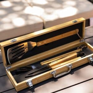 BBQ grill set that includes spatula, tong and fork that all fit snuggly in the included bamboo carrying/storage case.