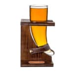 Personalized 16 oz. Viking Beer Horn Glass with Rustic Wood Stand