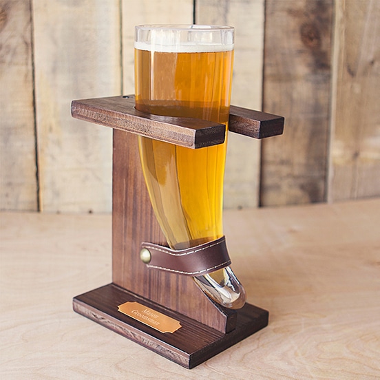 Personalized Viking Beer Horn Glass with Rustic Wood Stand