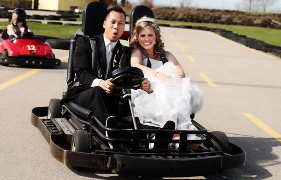 bride and groom go karting