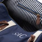 Handsome striped interior of the blue canvas & leather duffle bag