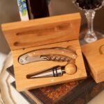 Bamboo wine box includes a corkscrew and bottle stopper