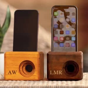 Beat Block Personalized Wooden Cell Phone Speaker. A unique groomsmen gift idea for music and podcast lovers.