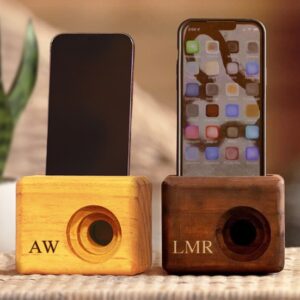 Beat Block Personalized Wooden Cell Phone Speaker. A unique groomsmen gift idea for music and podcast lovers.