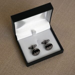 Each pair of gunmetal cufflinks comes in a black gift box