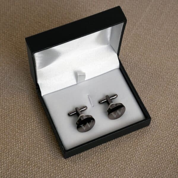 Each pair of gunmetal cufflinks comes in a black gift box