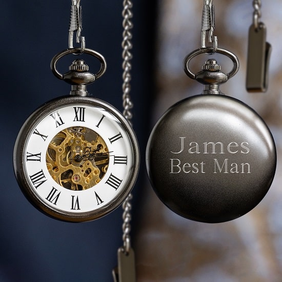 Personalized Gunmetal Gray Pocket Watch with Exposed Gears