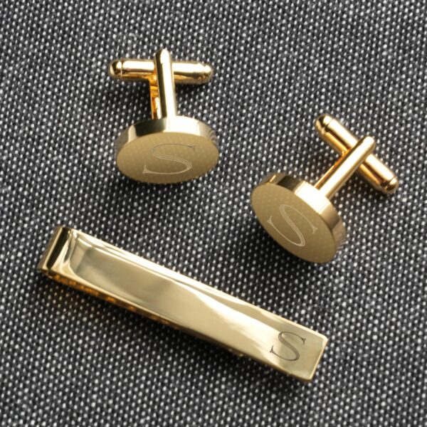 We'll laser engrave your gold cufflinks and tie clip for no extra cost
