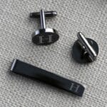 The gunmetal black cuff link and tie clip set is perfect for formal events and weddings