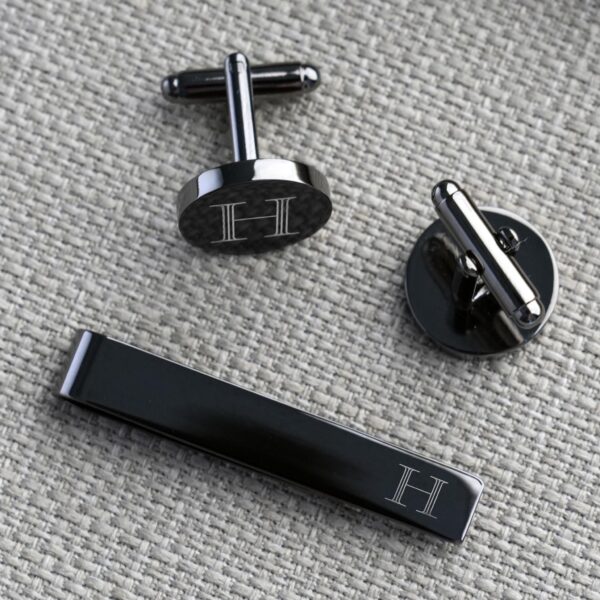 The gunmetal black cuff link and tie clip set is perfect for formal events and weddings