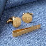 Personalized Gold Round Cufflinks and Tie Clip Set (Gift Boxed)