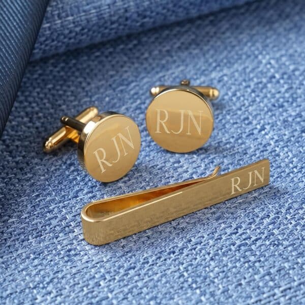 Personalized Gold Round Cufflinks and Tie Clip Set (Gift Boxed)