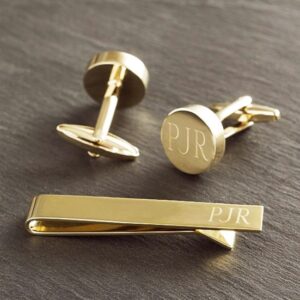 Personalized Gold Round Cufflinks and Tie Clip Set (Gift Boxed)