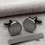 Personalized Gunmetal Round Cufflinks and Tie Clip Set