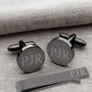Personalized Gunmetal Round Cufflinks and Tie Clip Set
