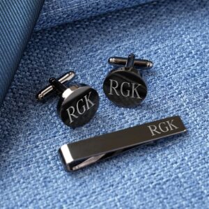 Personalized Gunmetal Round Cufflinks and Tie Clip Set (Gift Boxed)
