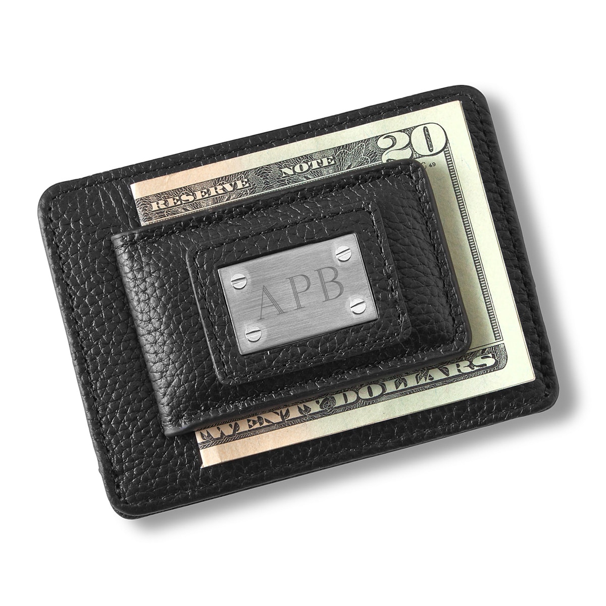 A black leather money clip card holder that we'll engrave for the groomsmen.