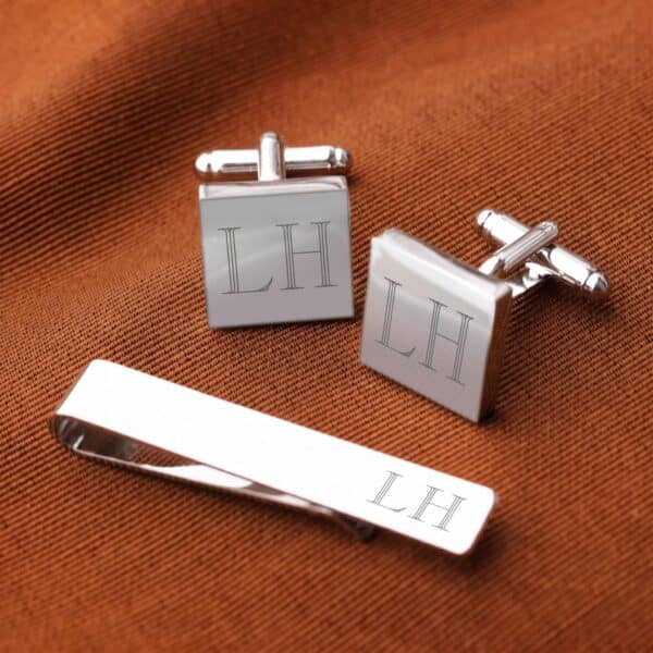 Personalized Silver Square Cufflinks & Tie Clip Gift Set (Gift Boxed)