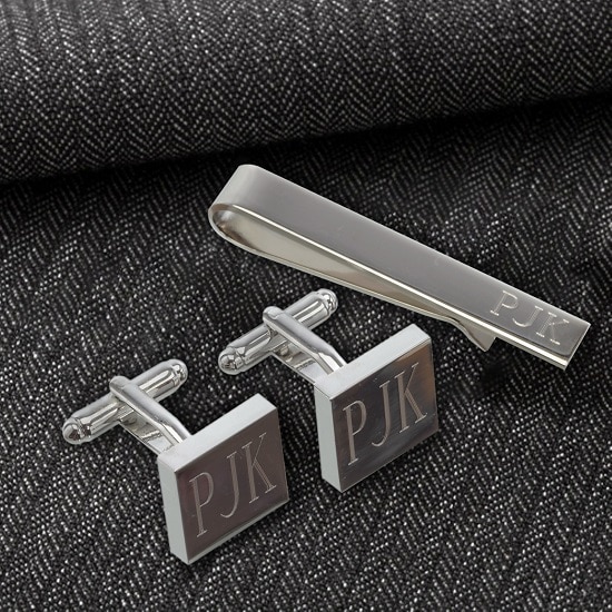 Personalized Silver Square Cufflinks & Tie Clip Gift Set for Groomsmen (Gift Boxed)