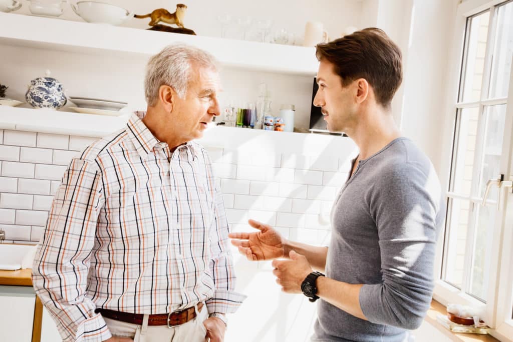 asking fiancee to be's father for permission to marry his daughter in kitchen