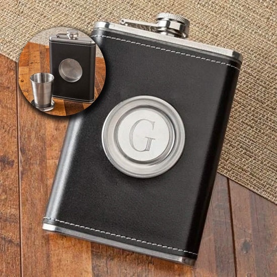 HIDDEN AGENDA Personalized 2-in-1 Black Leather Flask with Pop-Out Shot Glass