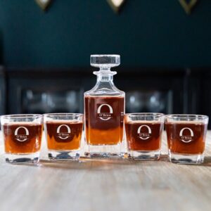Personalized Square Whiskey Decanter Set with 4 Engraved Lowball Glasses