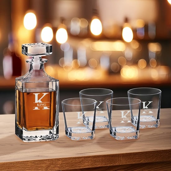 Personalized Square Whiskey Decanter Set with 4 Lowball Glasses