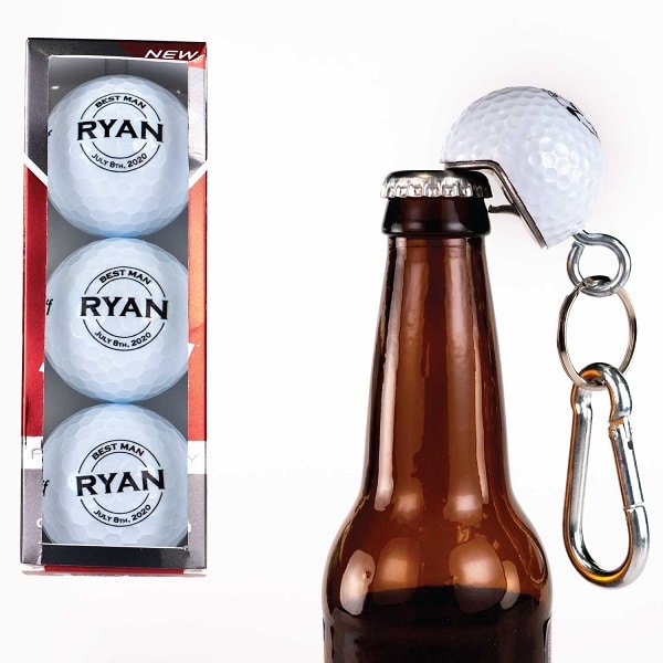Set of 3 Personalized Groomsmen Golf Balls with 1 BeerWedge Bottle Opener