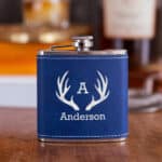 Personalized Blue Pocket Passer Flask with Antler Monogram Design