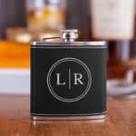 Personalized Black Pocket Passer Flask with Circle Monogram Design